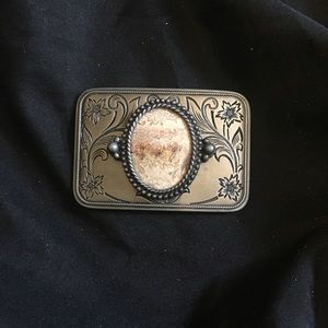 Stone Center Buckle With Floral Border Pewter Tone